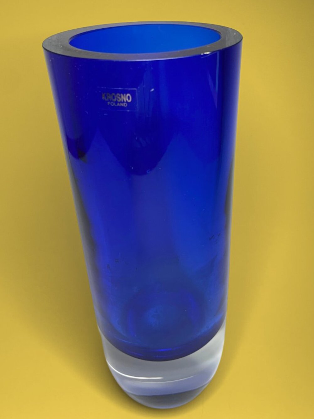 Vintage Krosno Cobalt Blue Cased Glass Cylinder Vase with Original Label